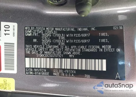 2016 Toyota Sienna Le 8 Passenger z USA, uszkodzony, nr VIN 5TDKK3DC5GS707921